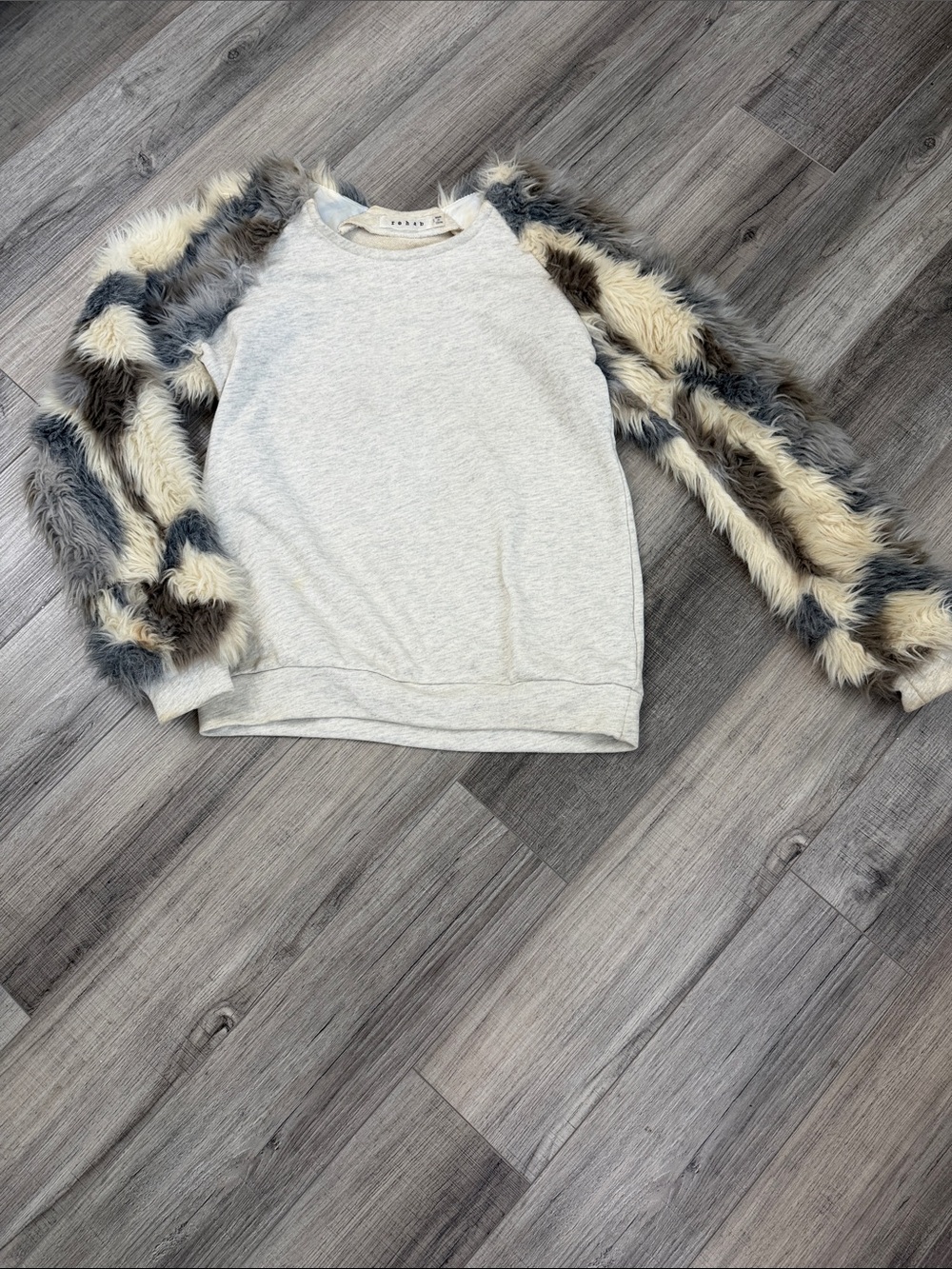 Rehab Crewneck Sweater with Fuzzy Striped Sleeves - Cream & Gray